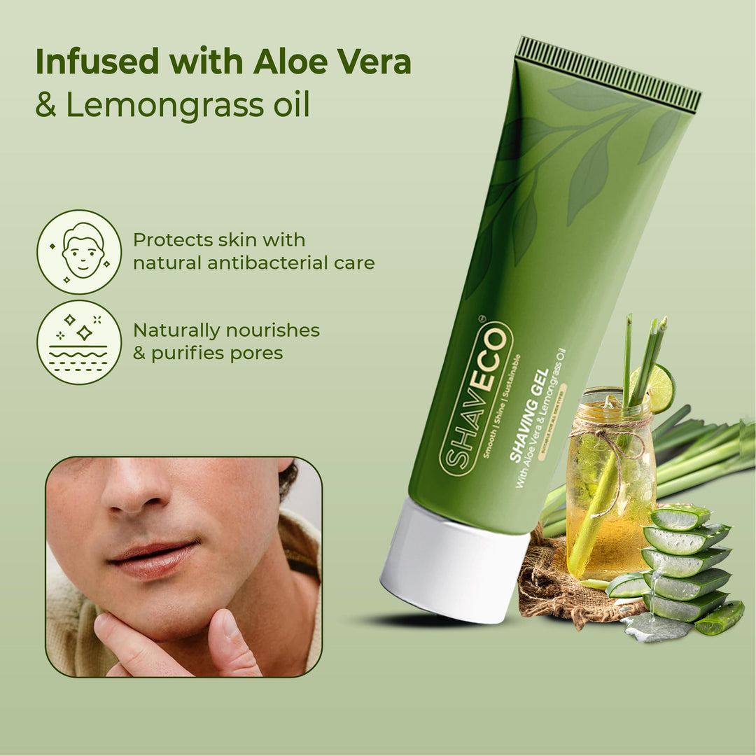 SHAVECO Natural Shaving Gel with Aloe Vera & Lemongrass – Gentle on Skin, Strong on Stubble | 100g Tube - Suspire