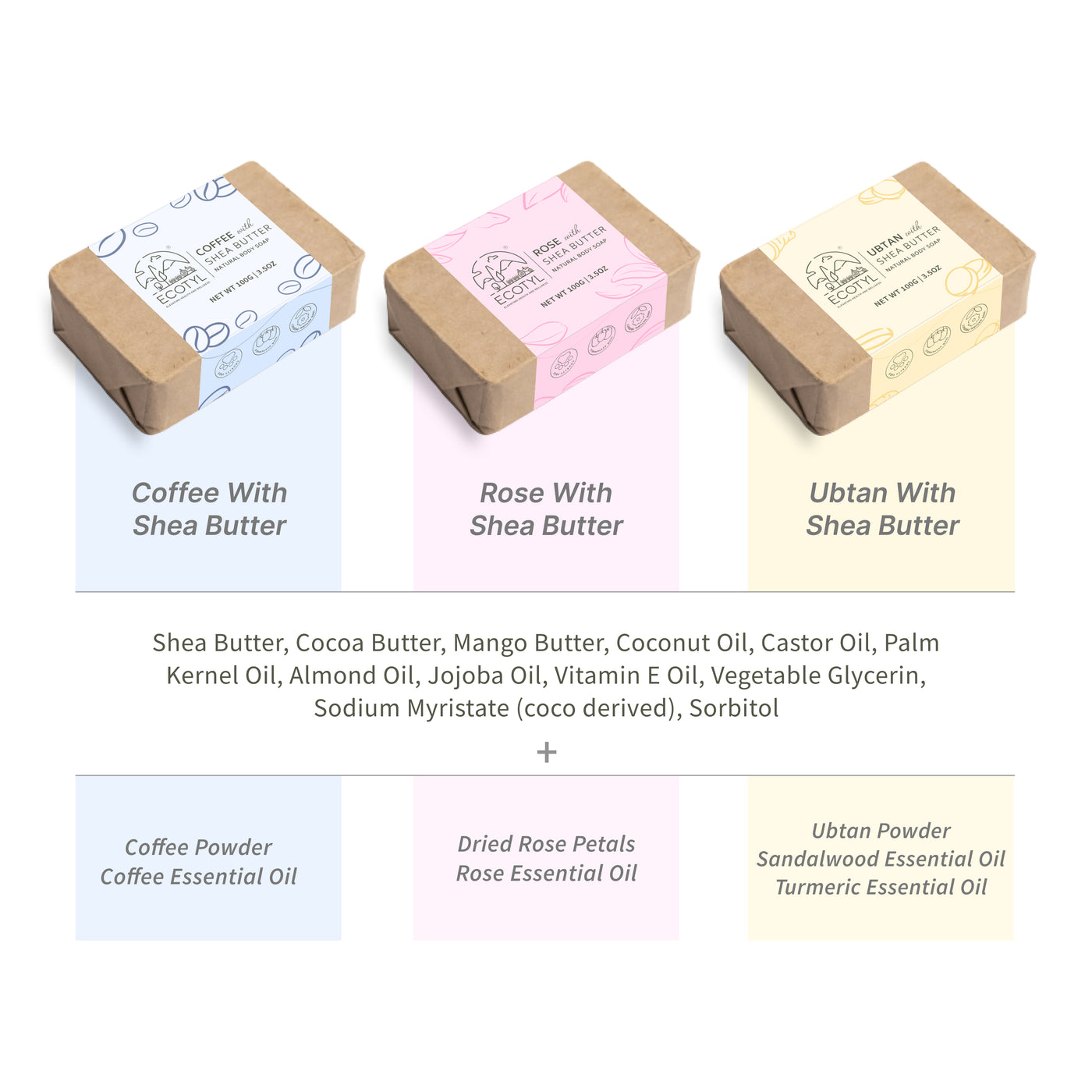 Ecotyl Shea Butter Soaps - Ubtan, Rose & Coffee | 100% Natural | Gentle Cleanser | Set of 3