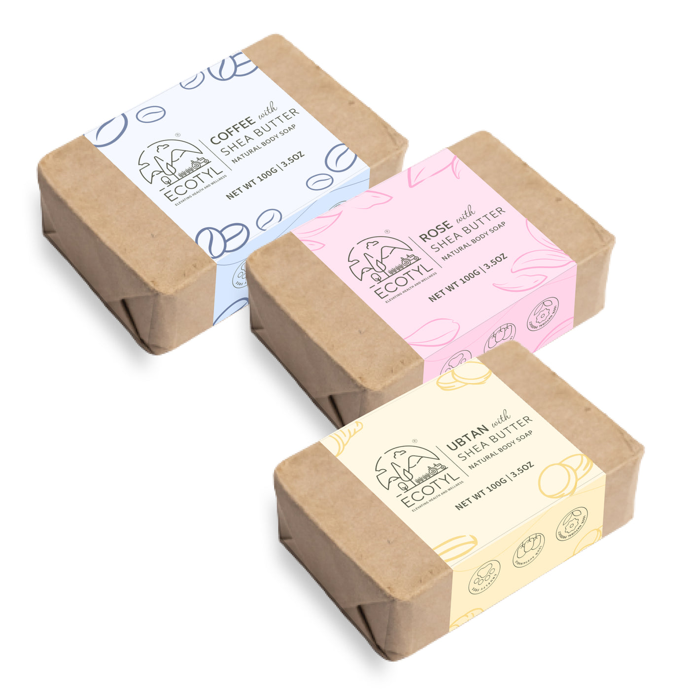 Ecotyl Shea Butter Soaps - Ubtan, Rose & Coffee | 100% Natural | Gentle Cleanser | Set of 3