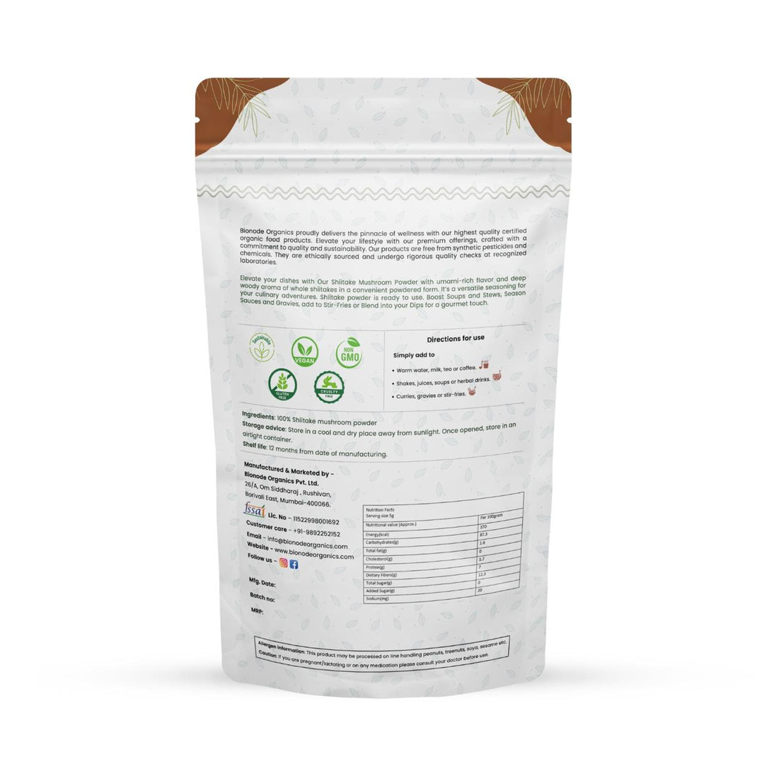 Bionode Organics Shiitake Mushroom Powder (100g), Natural Cholesterol Regulator & Cardiovascular Support, Rich in Vitamins B2, B5, B6 & D, Boosts Immunity and Overall Wellness