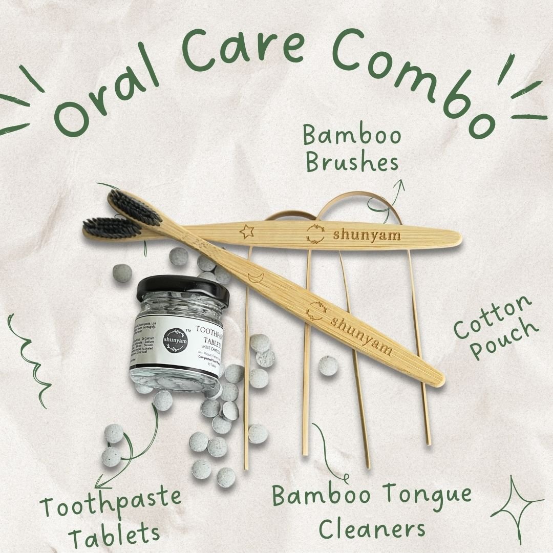 Shunyam Dental Kit Combo – 60 Toothpaste Tabs + 2 x Bamboo Brushes + 2 x Tongue Cleaners in a Cotton Pouch - Suspire