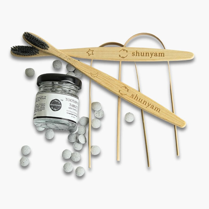Shunyam Dental Kit Combo – 60 Toothpaste Tabs + 2 x Bamboo Brushes + 2 x Tongue Cleaners in a Cotton Pouch - Suspire