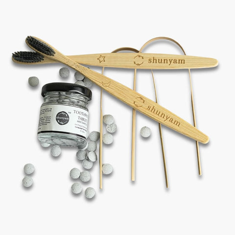 Shunyam Dental Kit Combo – 60 Toothpaste Tabs + 2 x Bamboo Brushes +  2 x Tongue Cleaners in a Cotton Pouch
