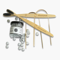 Shunyam Dental Kit Combo – 60 Toothpaste Tabs + 2 x Bamboo Brushes +  2 x Tongue Cleaners in a Cotton Pouch