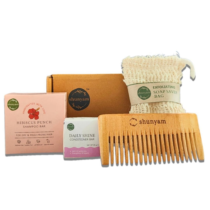 Shunyam Nourishing Hair Care Combo | Shampoo Bar, Conditioner Bar, Neem Comb, Soap Saver Bag - Suspire