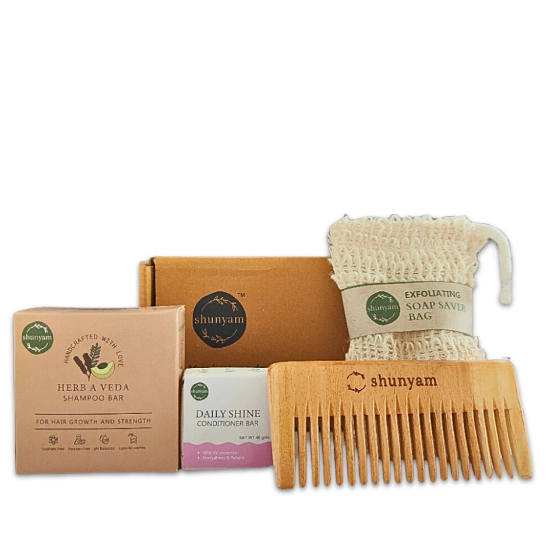 Shunyam Nourishing Hair Care Combo | Shampoo Bar, Conditioner Bar, Neem Comb, Soap Saver Bag - Suspire