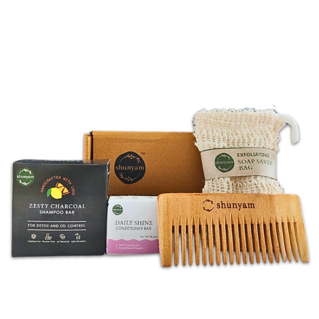Shunyam Nourishing Hair Care Combo | Shampoo Bar, Conditioner Bar, Neem Comb, Soap Saver Bag - Suspire