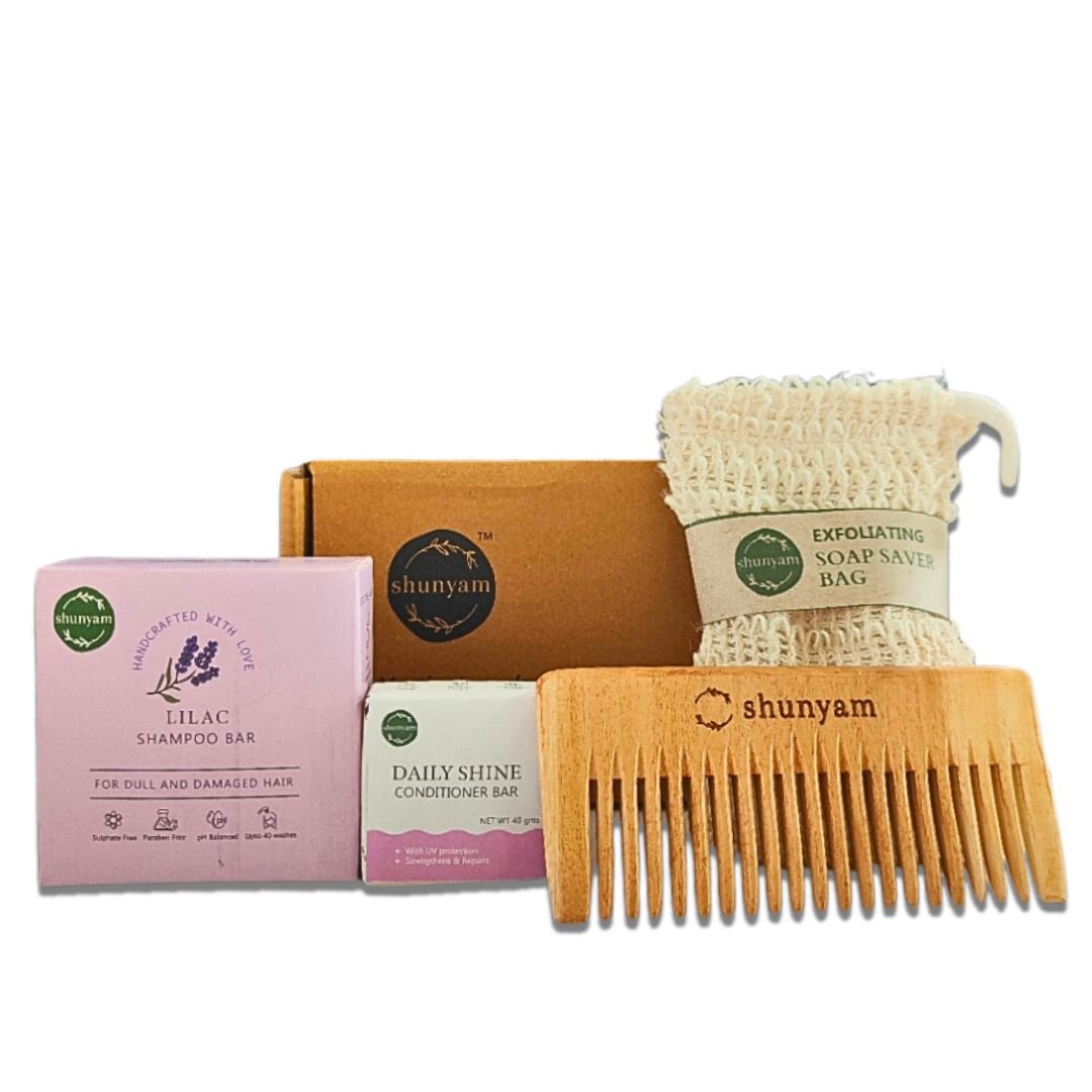 Shunyam Nourishing Hair Care Combo | Shampoo Bar, Conditioner Bar, Neem Comb, Soap Saver Bag - Suspire