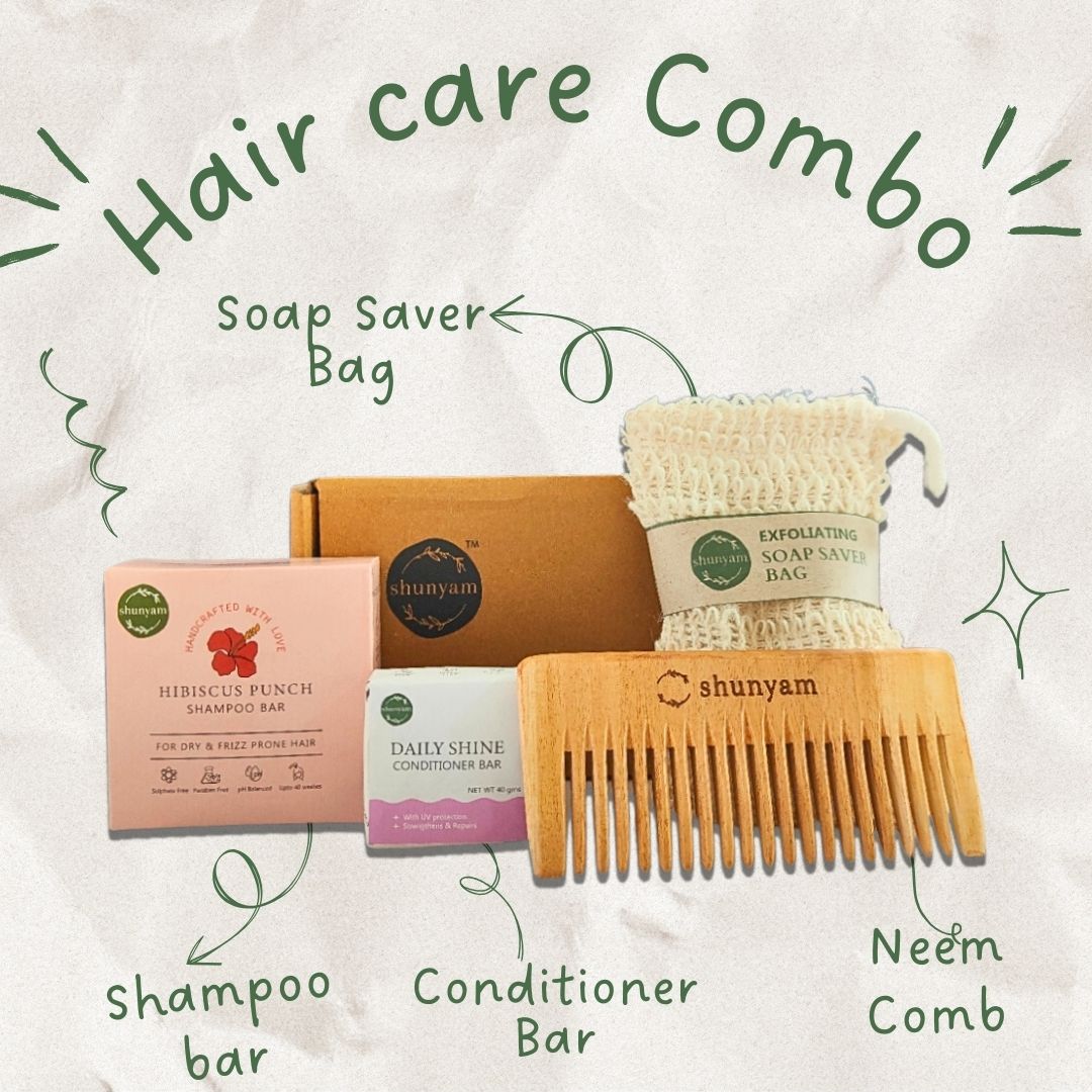 Shunyam Nourishing Hair Care Combo | Shampoo Bar, Conditioner Bar, Neem Comb, Soap Saver Bag - Suspire