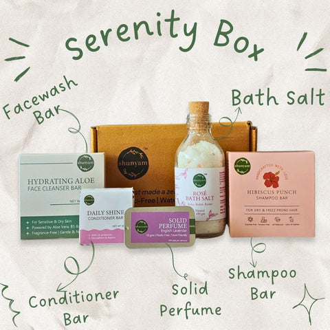 Shunyam Serenity Ritual Box | Shampoo Bar, Conditioner Bar, Facewash Bar, Bath Salt, Solid Perfume