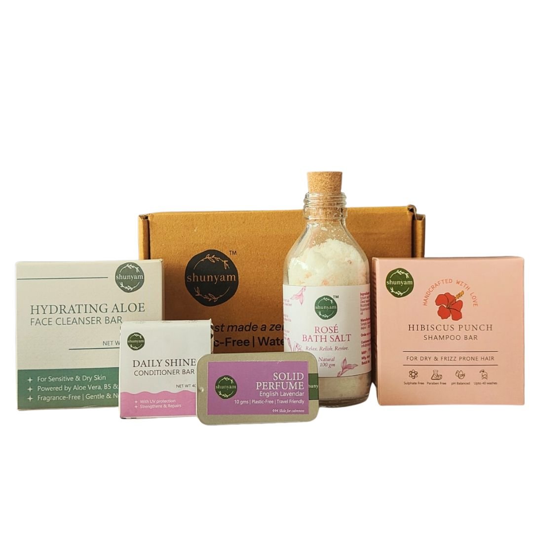 Shunyam Serenity Ritual Box | Shampoo Bar, Conditioner Bar, Facewash Bar, Bath Salt, Solid Perfume - Suspire