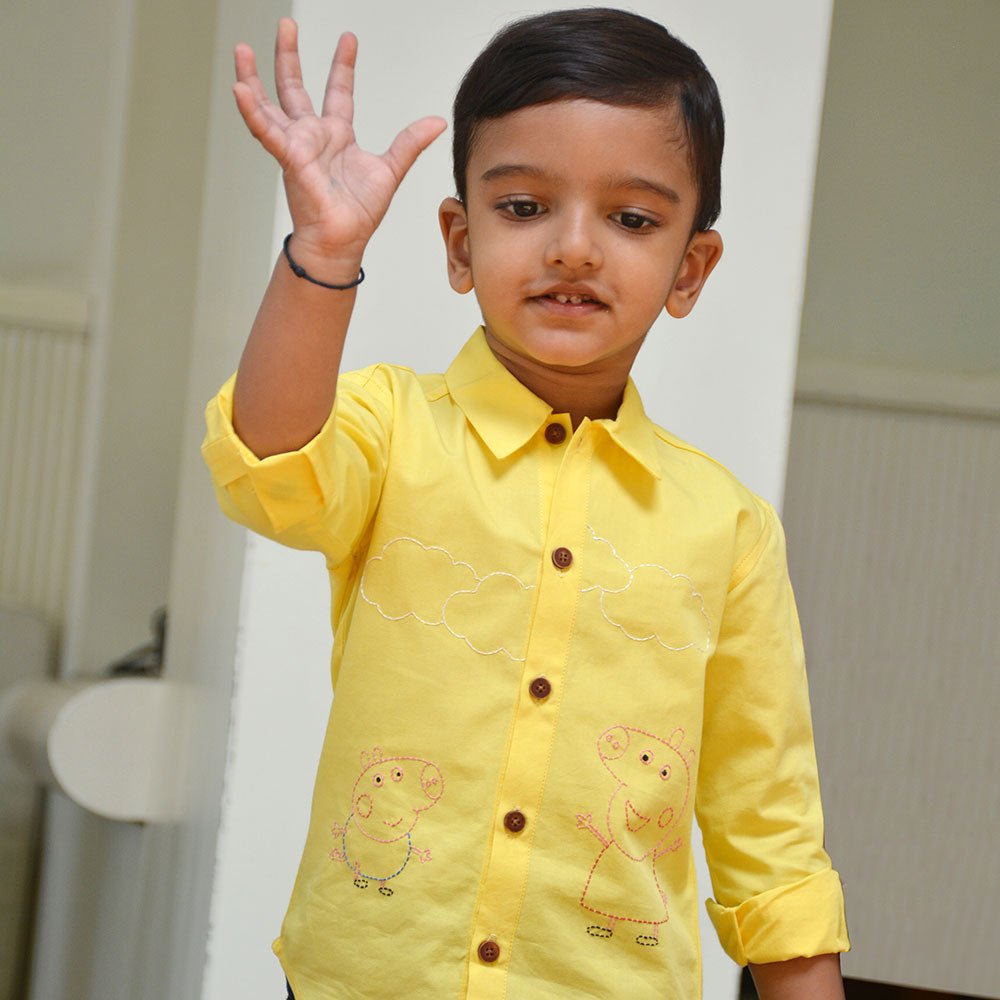 Sibling Pigs Embroidered Unisex Shirt - Yellow - Suspire