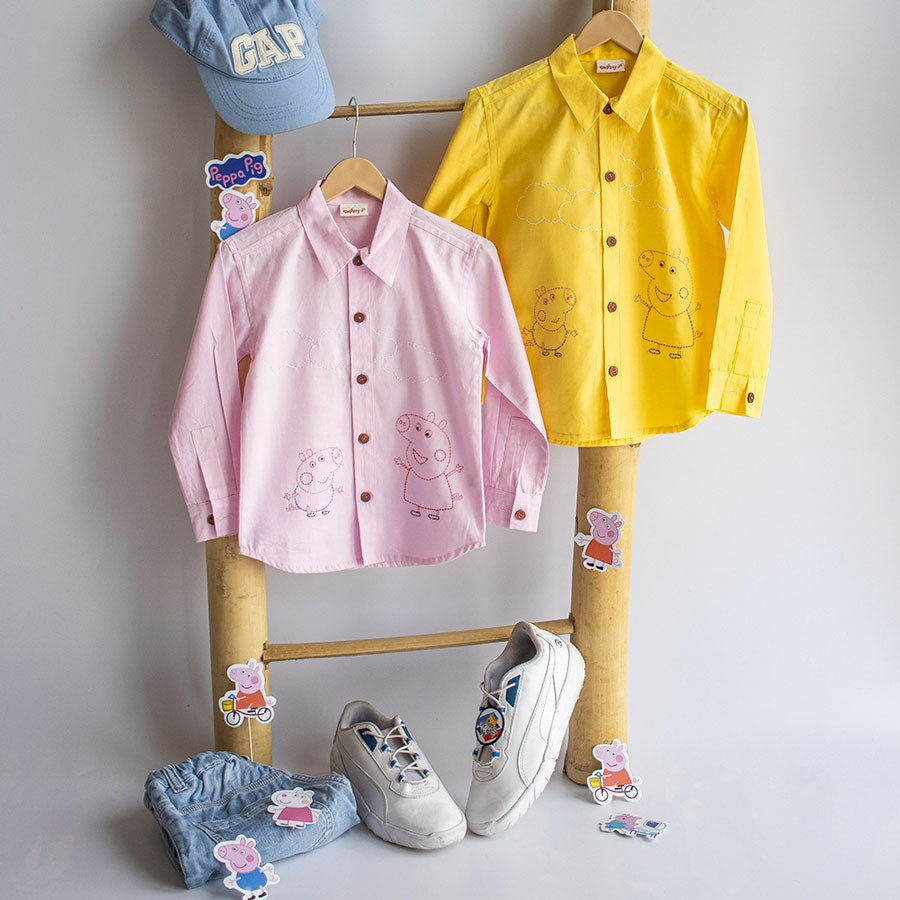 Sibling Pigs Embroidered Unisex Shirt - Yellow - Suspire