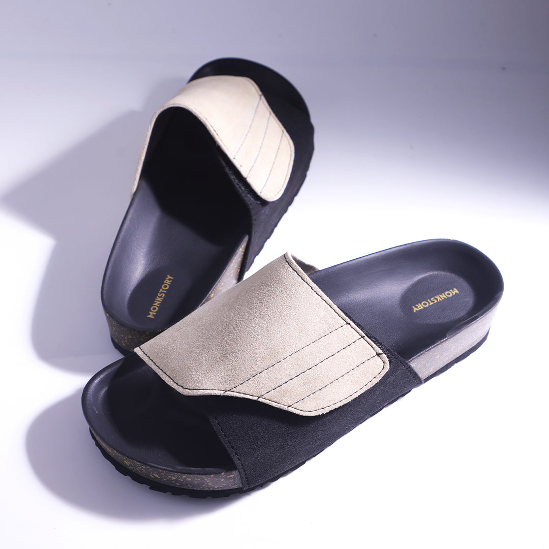 Monkstory Escape Panel Strap Cork Slides – Beige/Black
