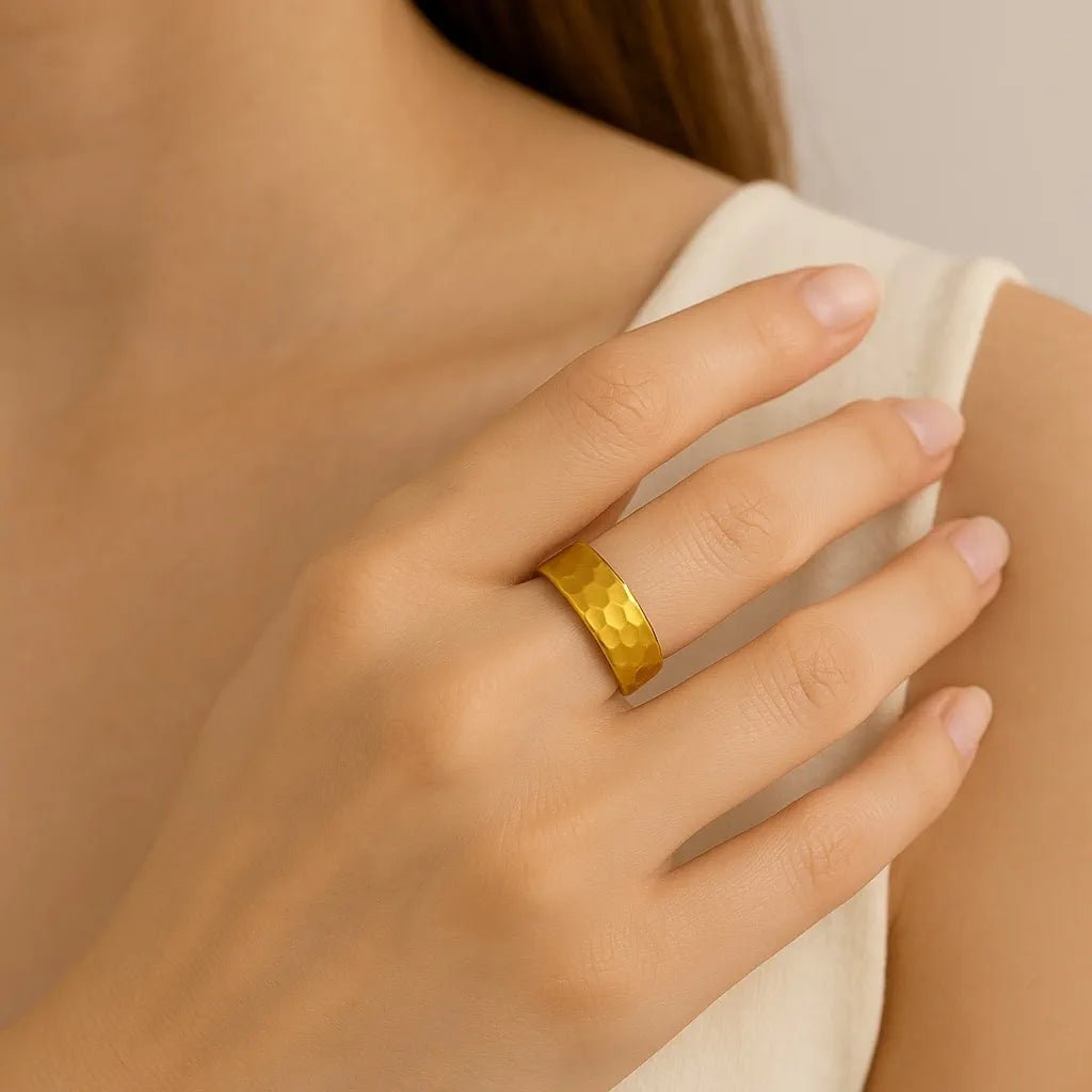 SilverSutra Anti Tarnish Hammered Gold Adjustable Ring | 18K Gold Plated | Hypollergenic | Anti Tarnish - Suspire