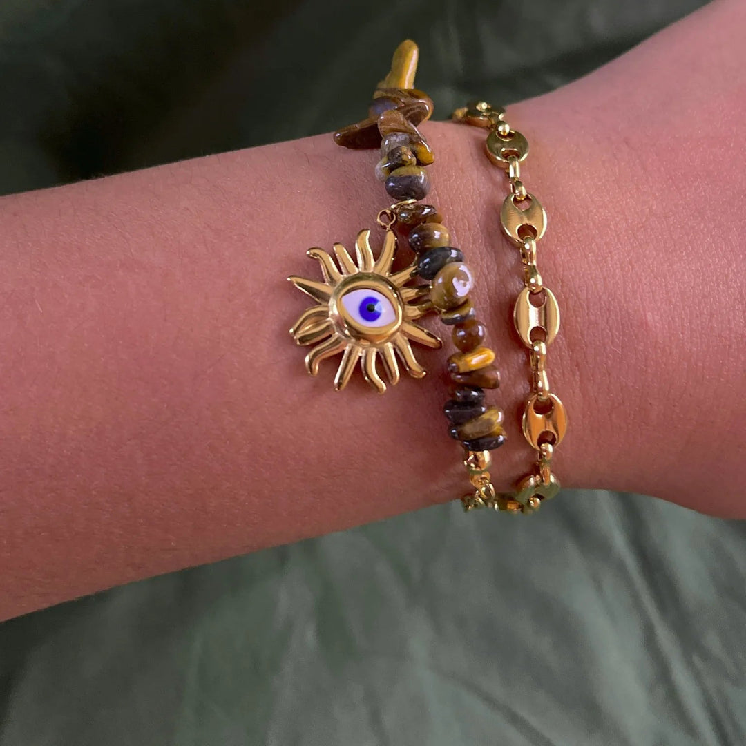 Silversutra Healing Stone Evil Eye Double Layered Bracelet | 18K Gold Plated | Hypollergenic | Anti Tarnish - Suspire