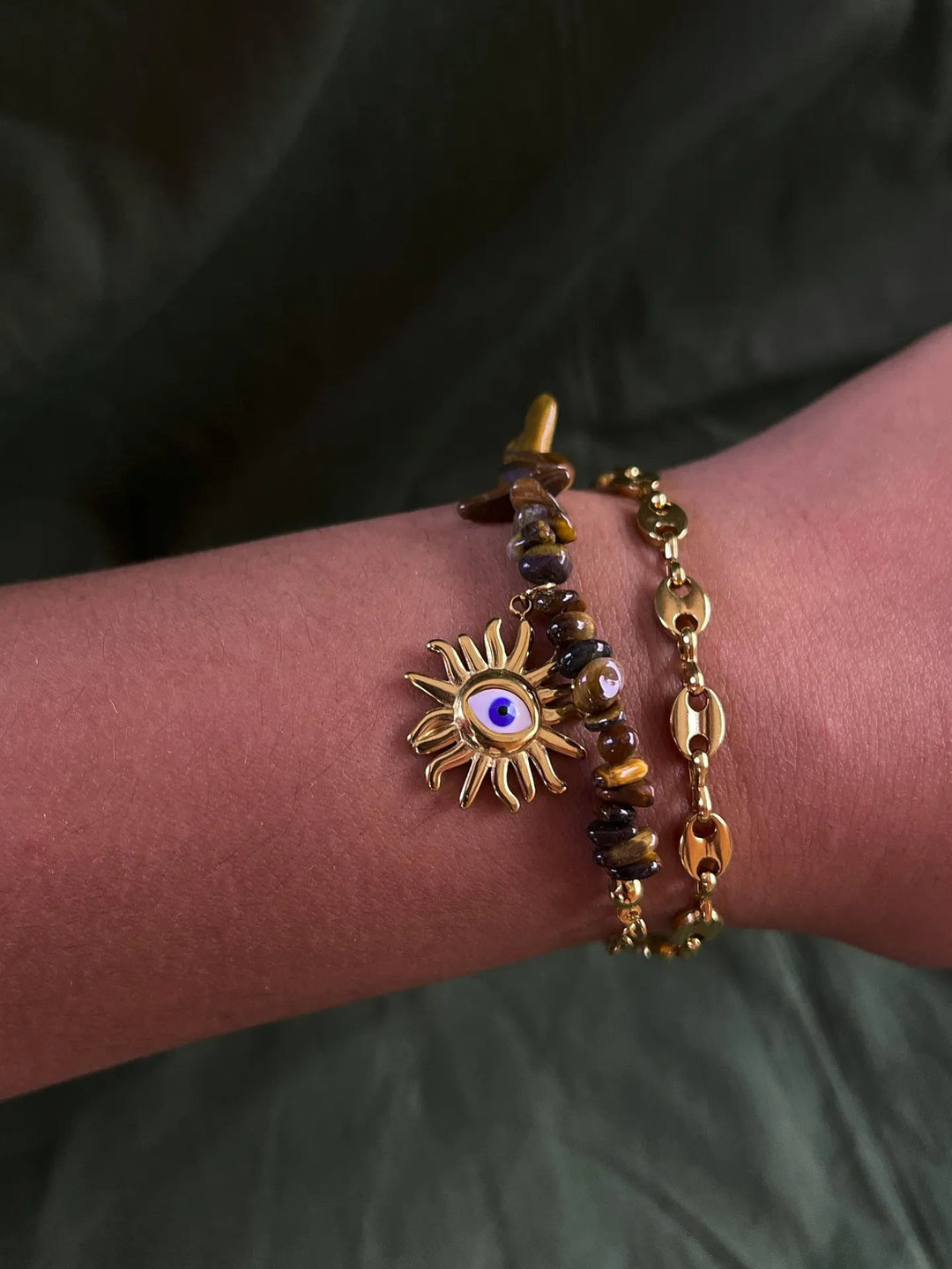 Silversutra Healing Stone Evil Eye Double Layered Bracelet | 18K Gold Plated | Hypollergenic | Anti Tarnish - Suspire