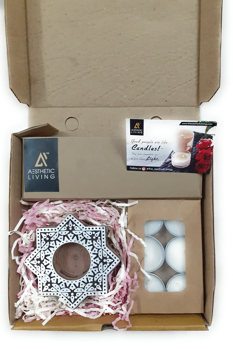 Aesthetic Living Sitara Handcrafted Wooden TLight Holder with pack of 6 Soy Wax Long Burning Candles