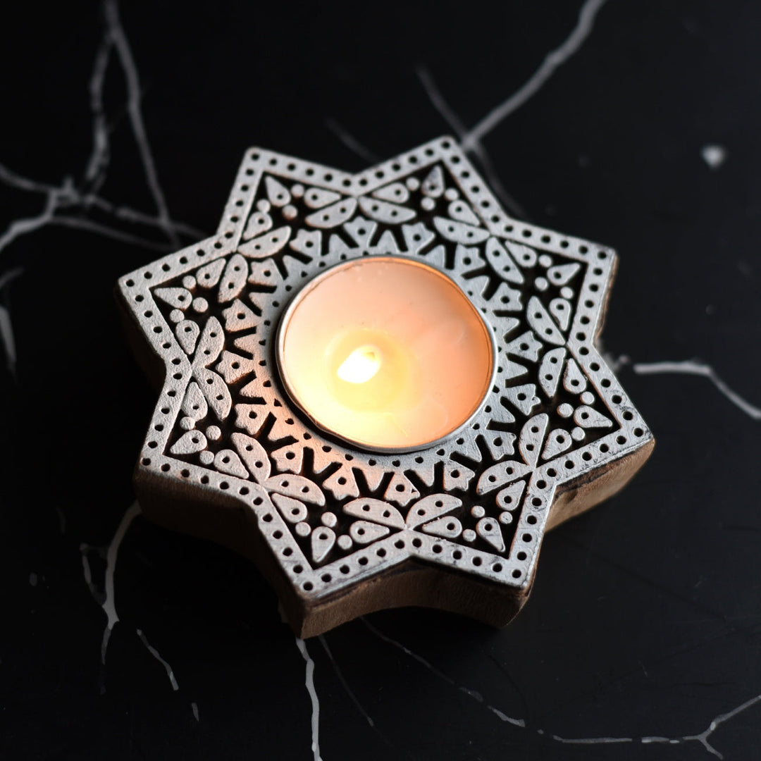 Aesthetic Living Sitara Handcrafted Wooden TLight Holder with pack of 6 Soy Wax Long Burning Candles