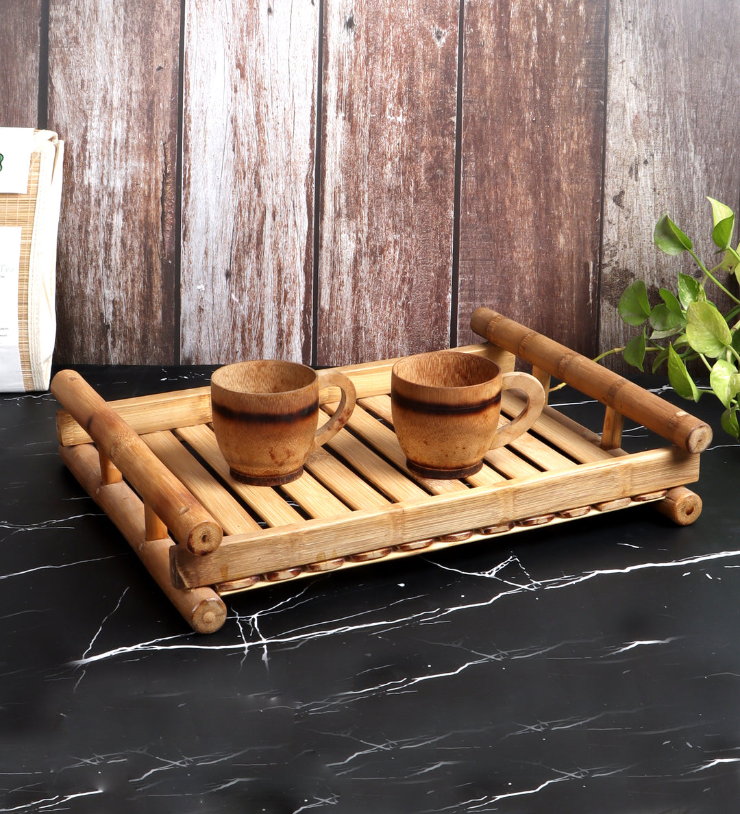 SILPAKARMAN Bamboo Tray With Set Of 2 Tea Cup