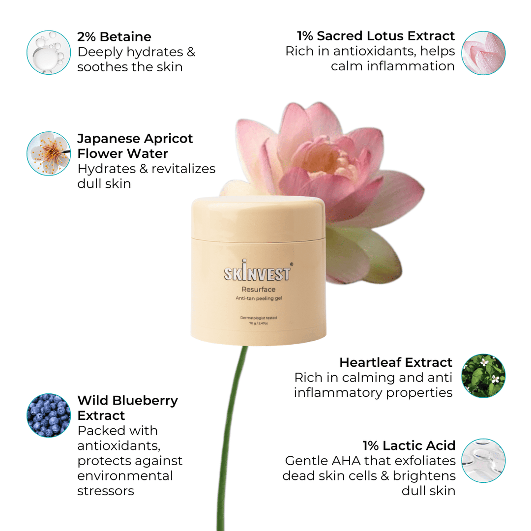Skinvest Resurface Anti - Tan Peeling Gel with 1% Lactic Acid & Soothing Botanicals | Peels Away Tan, Brightens Skin, Smoothens Texture | Gentle for All Skin Types | Fragrance - Free | 70gm - Suspire