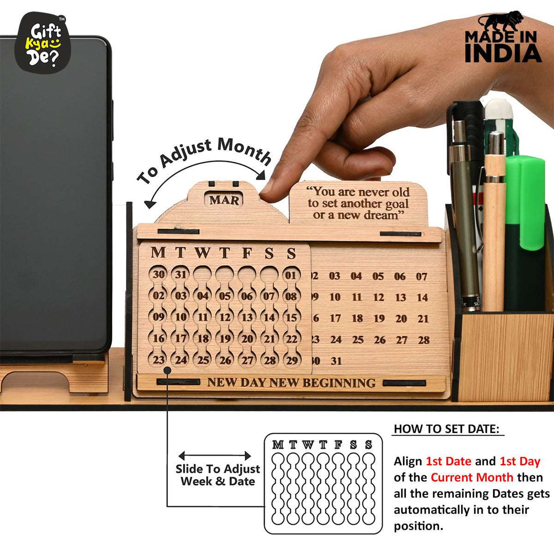 Gift Kya De Lifetime Calendar With Desk Organizer and Mobile Stand | Desk Calendar | Mobile Accessories