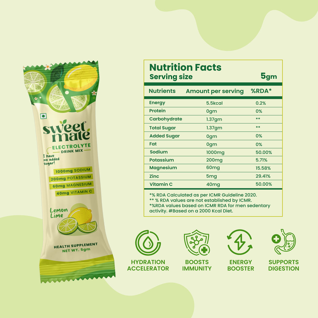 Sweetmate No Added Sugar Electrolytes- Lemon Lime Flavour Sweetened With Stevia -5g (20 Sachet)