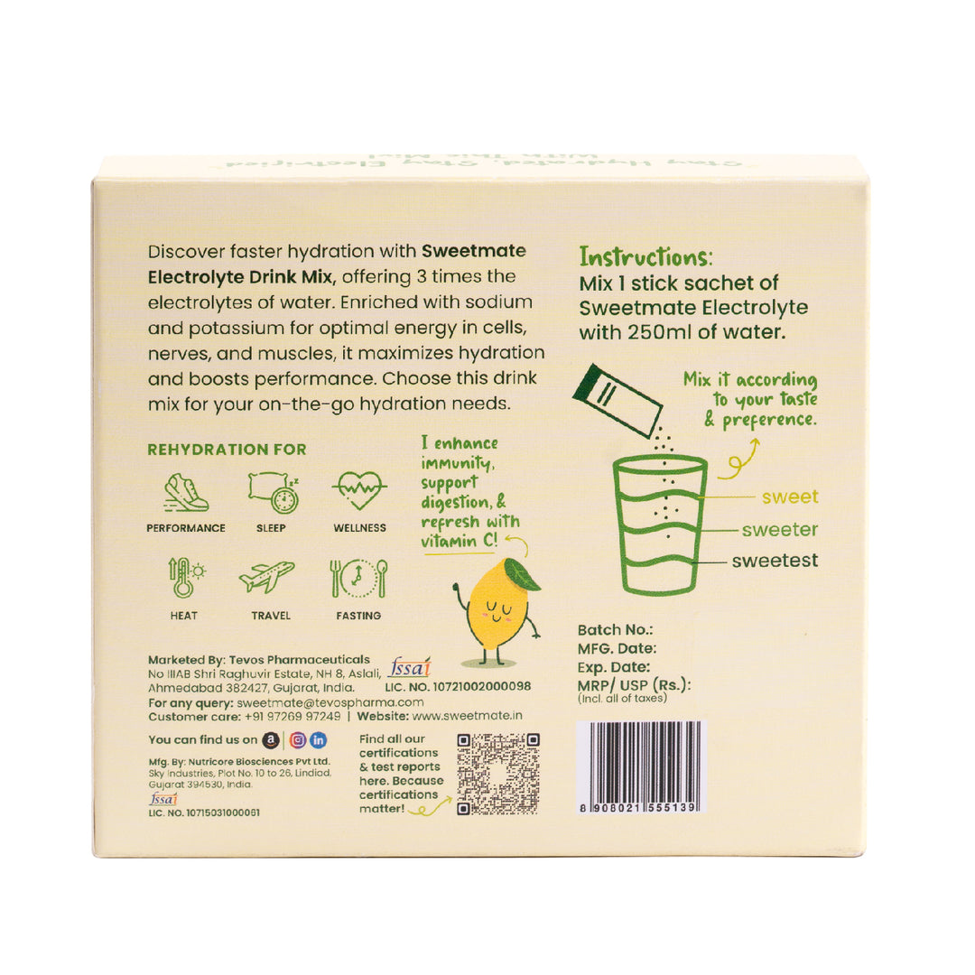 Sweetmate No Added Sugar Electrolytes- Lemon Lime Flavour Sweetened With Stevia -5g (20 Sachet)