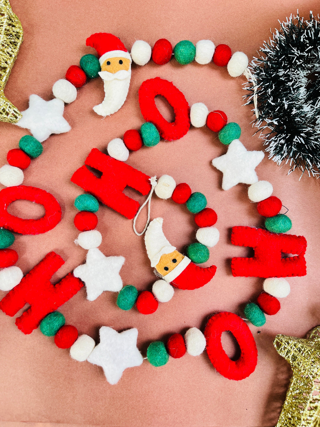 Shuddh Natural Upcycled Felt HO - HO SANTA Garland I 3D I Christmas Decor I 72 inches