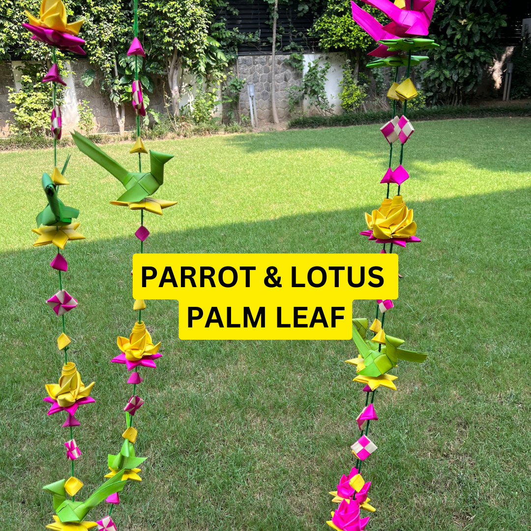 Shuddh Natural Hand Made Palm Leaf LOTUS & PARROT Hanging I Diwali Decoration I Pair of 2