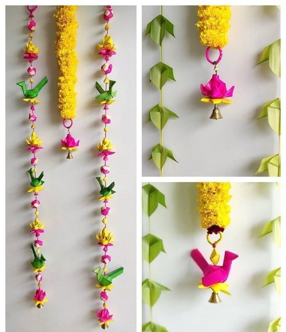 Shuddh Natural Hand Made Palm Leaf LOTUS & PARROT Hanging I Diwali Decoration I Pair of 2