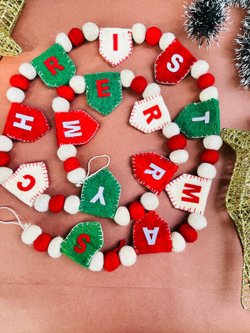 Shuddh Natural Upcycled Felt MERRY CHRISTMAS Garland I 3D I Christmas Decor I 72 inches