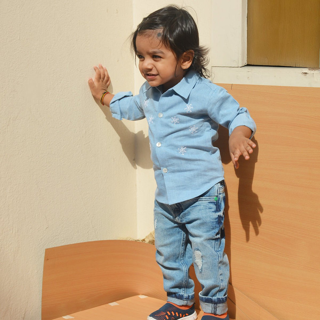 Snowflakes Embroidered Denim Shirt - Suspire