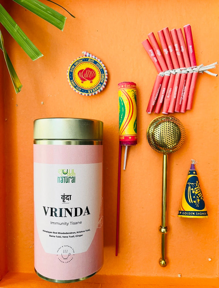Shuddh Natural Floral Tisane, Seed Shapes & Brass Strainer Gift Box