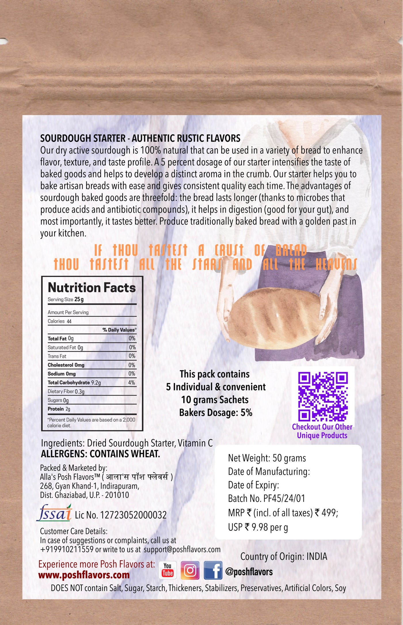 Sourdough Starter Culture | Active | Instant | Aromatic | All-Natural | Easy-to-Use Instructions Included | 5X 10 Grams sachets
