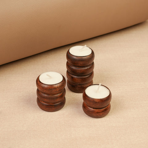 Spiral Glow Wooden Candle Stand Trio | Sustainable Festive Gift | Stackable & Reusable Tea-Light Holders | Handcrafted in Banaras