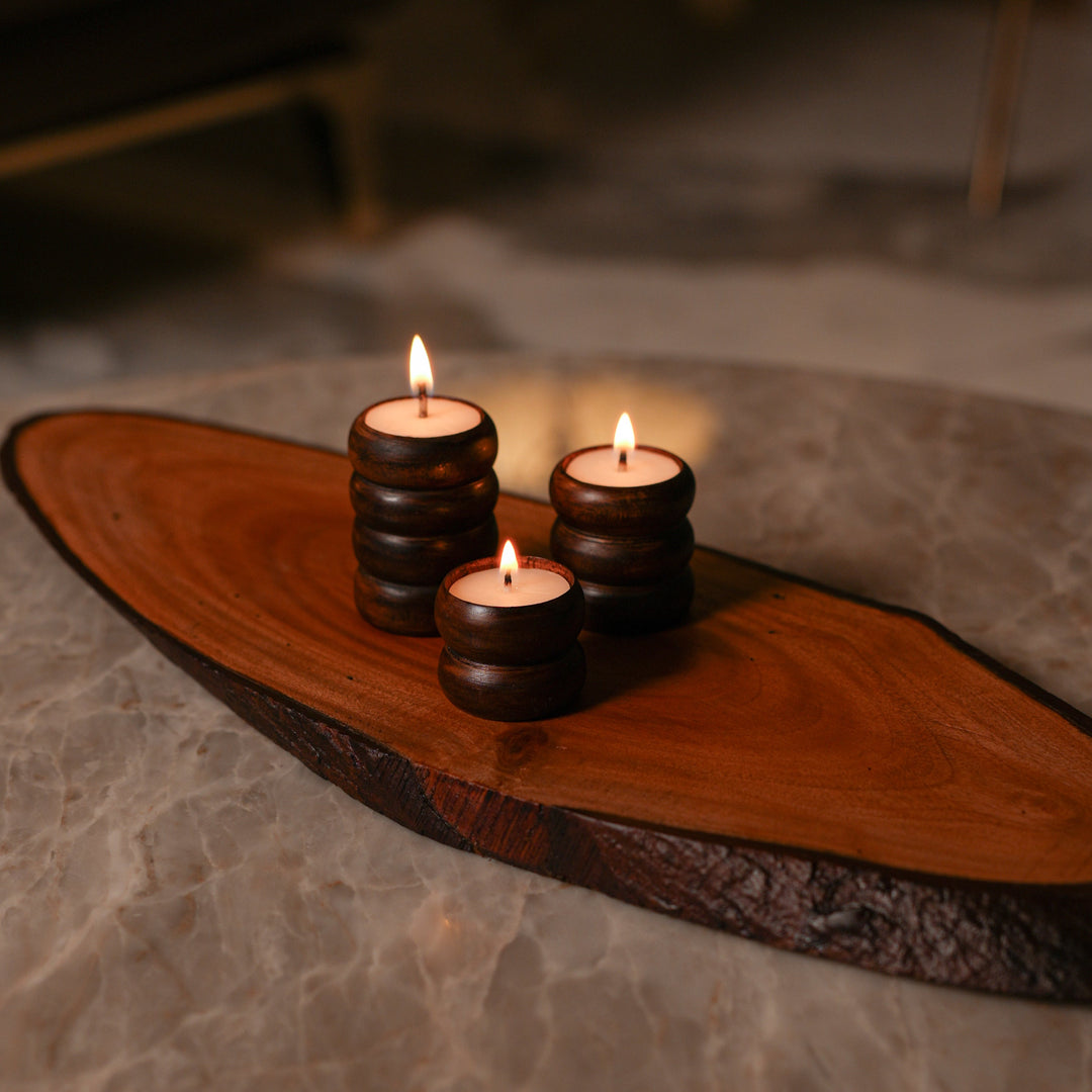 Spiral Glow Wooden Candle Stand Trio | Sustainable Festive Gift | Stackable & Reusable Tea - Light Holders | Handcrafted in Banaras - Suspire