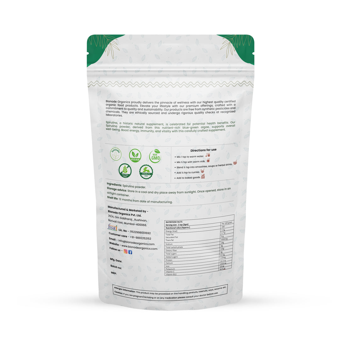 Bionode Organics Spirulina Powder Organic Plant-Based Protein Superfood, Boosts Immunity, Energy Levels, Digestion & Healthy Skin