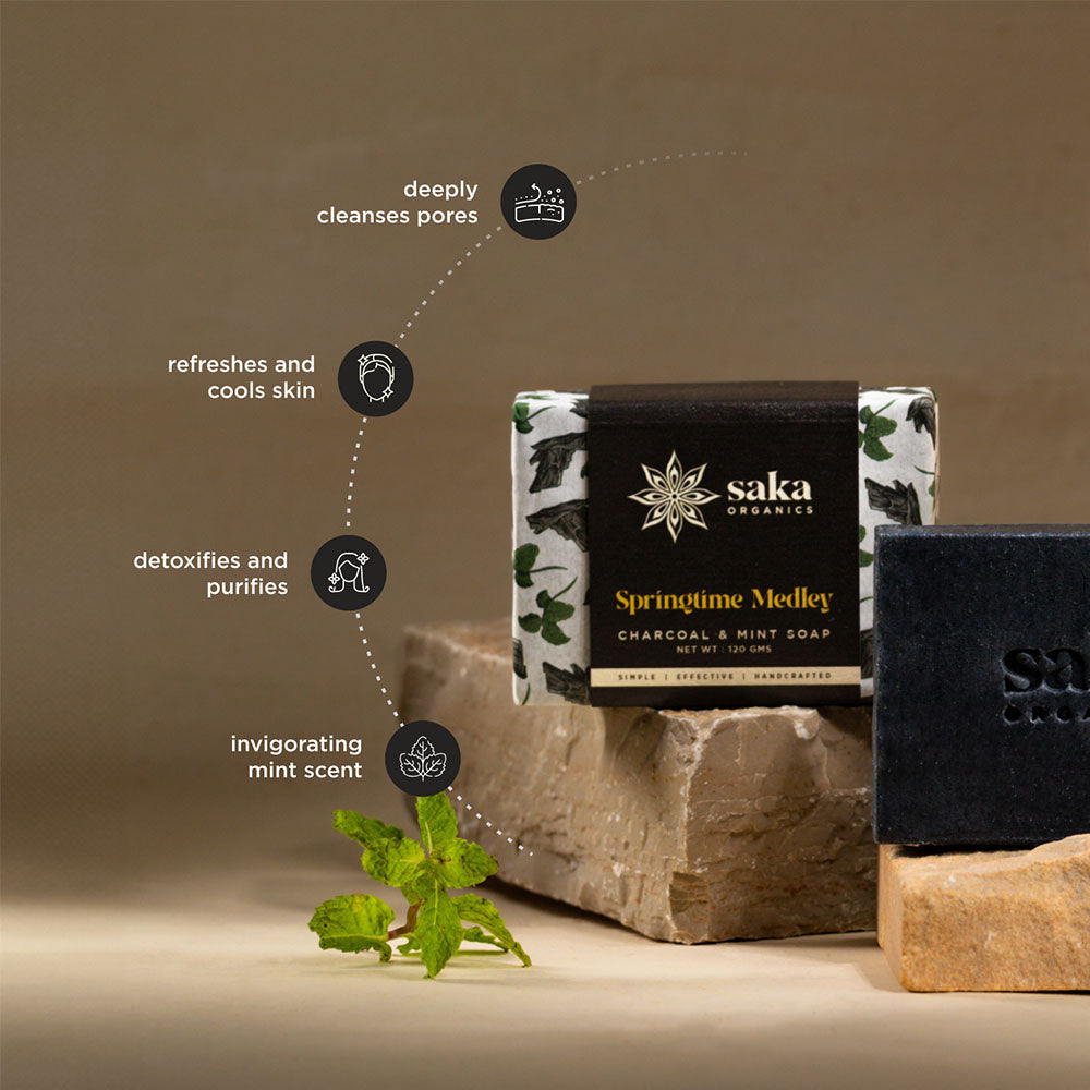 Saka Organics - Springtime Medley | Handmade Charcoal & Mint Soap with Exfoliating Scrub | Natural Spa Bar for Normal Skin - 120gm