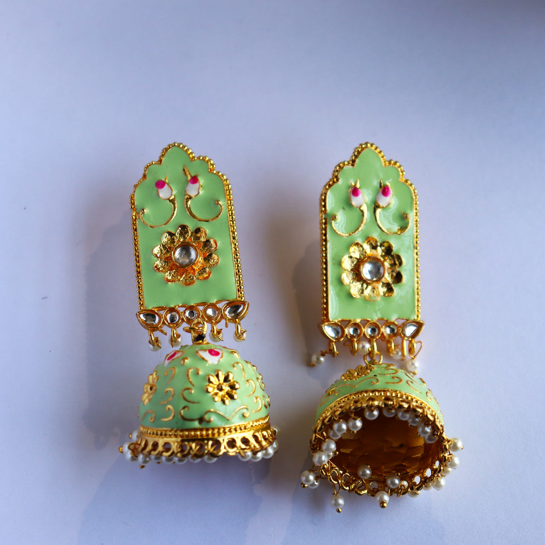 iha Pastel Green Gold Toned Brass Minakari Jhumka Earrings| Fashion Jewelry | Earrings for Women and Girls