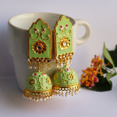 iha Pastel Green Gold Toned Brass Minakari Jhumka Earrings| Fashion Jewelry | Earrings for Women and Girls