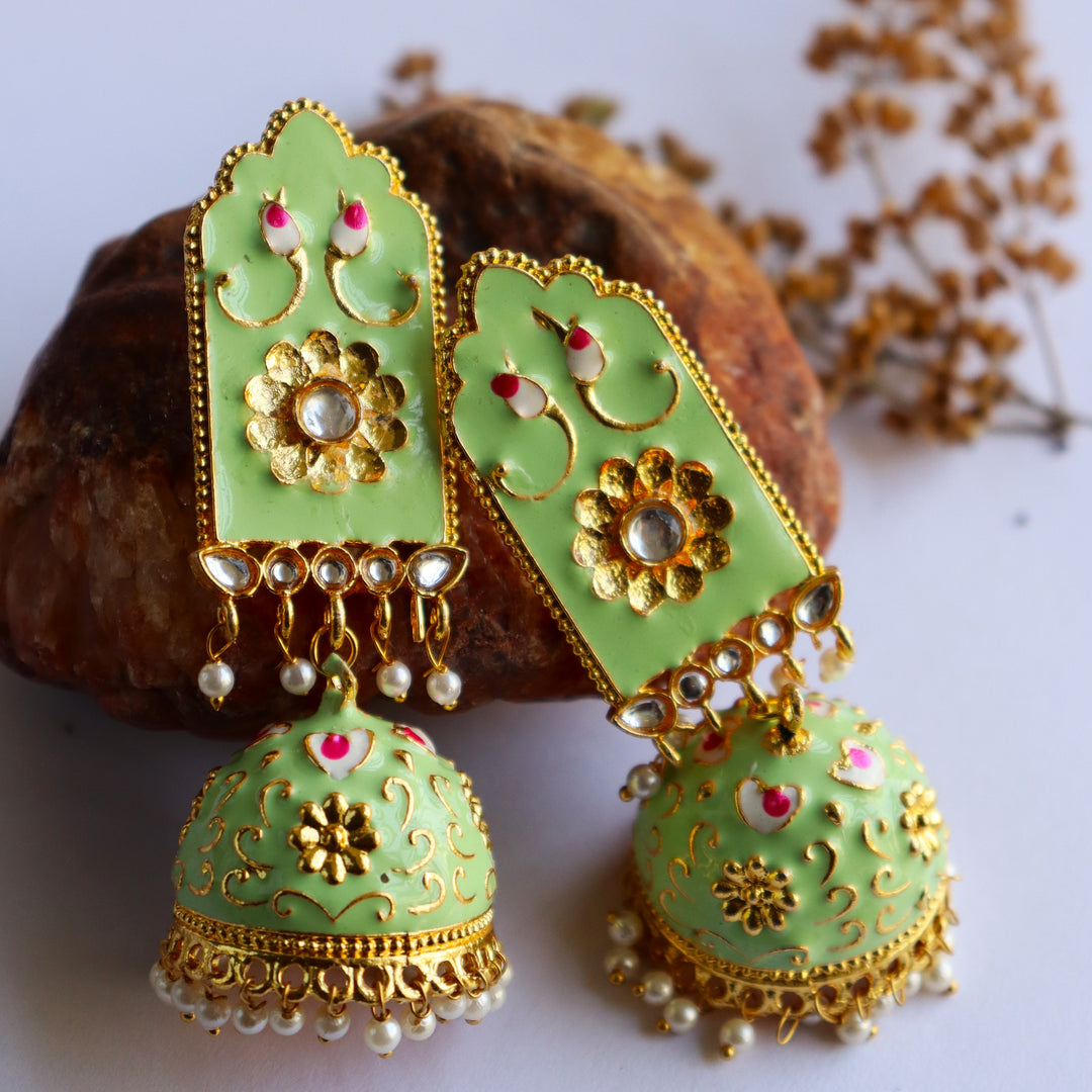 iha Pastel Green Gold Toned Brass Minakari Jhumka Earrings| Fashion Jewelry | Earrings for Women and Girls