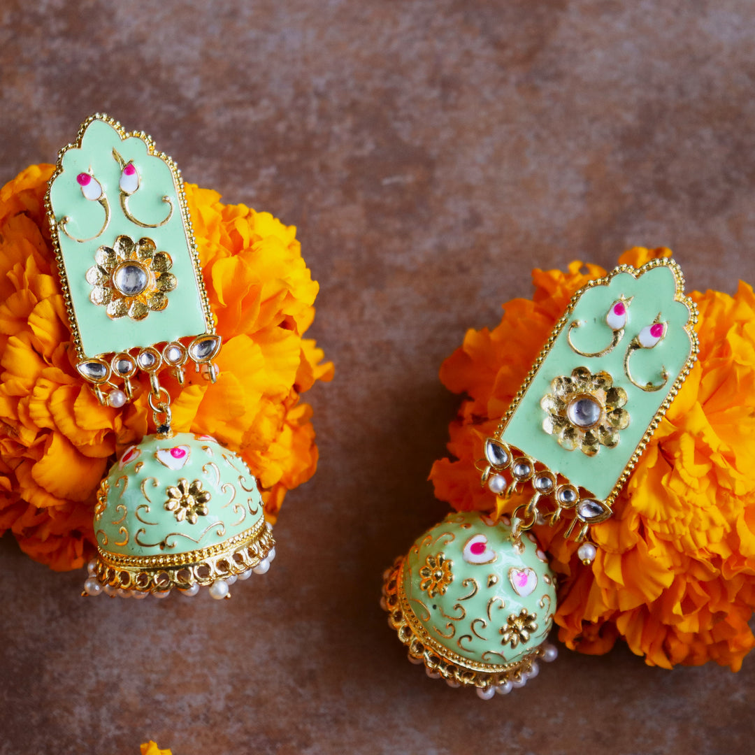 iha Pastel Green Gold Toned Brass Minakari Jhumka Earrings| Fashion Jewelry | Earrings for Women and Girls