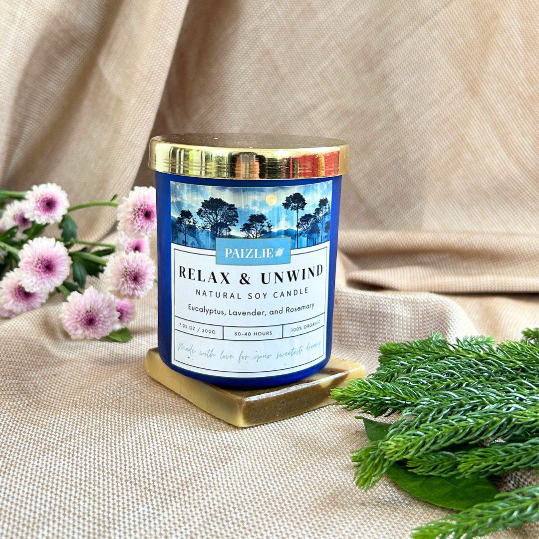 Relax Unwind Scented Candle Handmade with Pure Soy Wax Organic Essential Oils of Eucalyptus, Rosemary Lavender