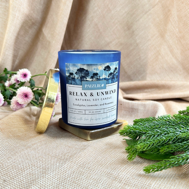 Paizlie Relax & Unwind Scented Candle | Handmade with Pure Soy Wax | Organic Essential Oils of Eucalyptus, Rosemary & Lavender
