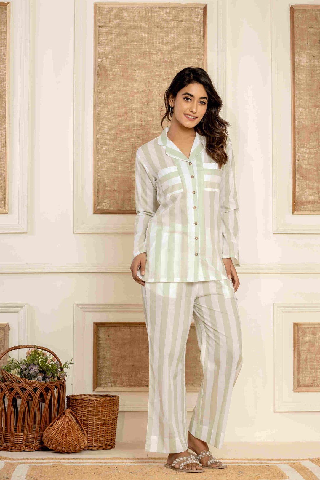Paizlie Sage Stripes Sleepwear Set | Cambric Cotton | Women&