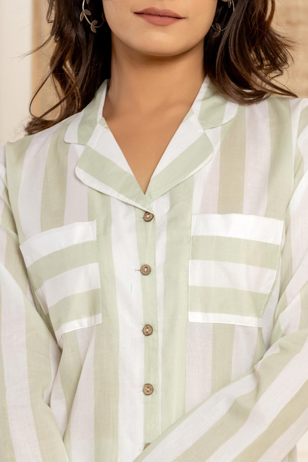 Paizlie Sage Stripes Sleepwear Set | Cambric Cotton | Women&