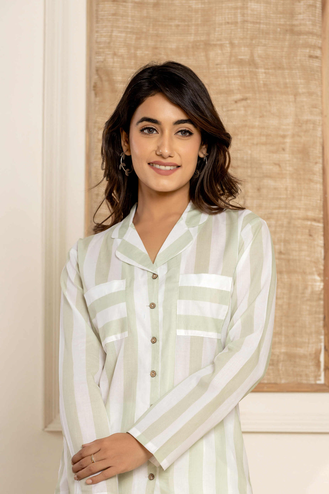 Paizlie Sage Stripes Sleepwear Set | Cambric Cotton | Women&