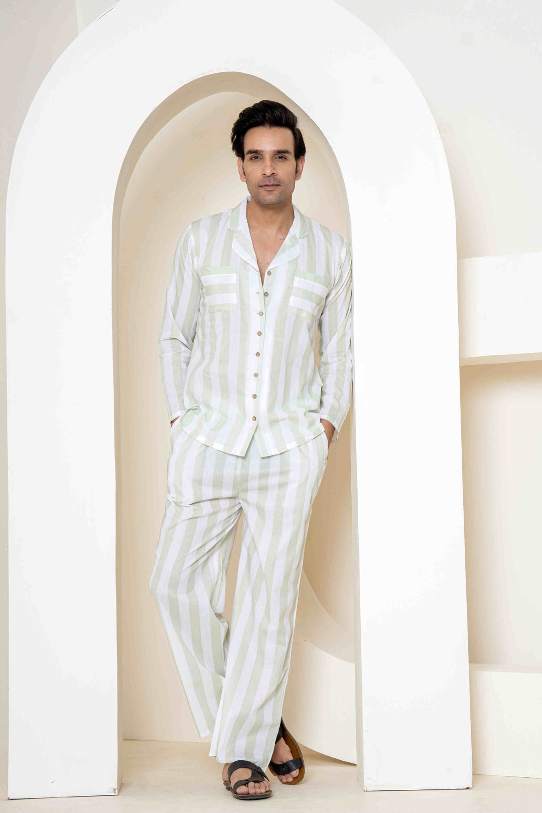 Paizlie Sage Stripes Sleepwear Set | Cambric Cotton | Men&