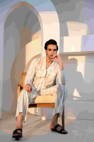 Paizlie 100% Cambric Cotton Sage Stripes Men's Sleepwear